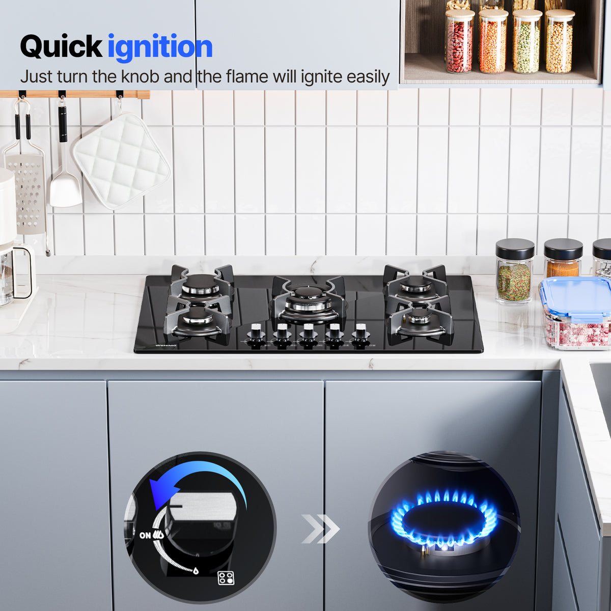Gas Hob 5 Burners, WEHIMO Built-in Cooktop, Gas Hob 77cm, 10500W, Cast Iron Grate, Town Gas and Bottled Gas, Black Glass